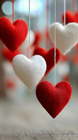 Colorful hanging hearts in red and white are suspended in the air, adding a cheerful touch to a festive setting. The soft fabric and bright colors evoke a sense of warmth and love.の素材