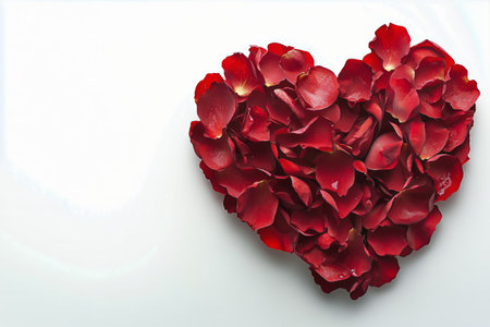 Vibrant red rose petals are arranged neatly in the shape of a heart on a smooth white surface, creating a perfect setting for a romantic moment or celebration.の素材