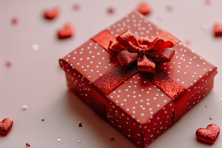 A beautifully wrapped gift box in vibrant red with a shiny bow sits amidst scattered heart-shaped confetti, creating a festive atmosphere perfect for celebrations and special occasions.の素材