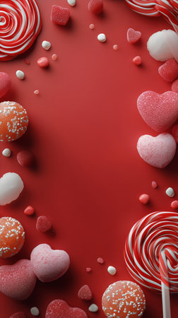 An array of colorful candy, including heart-shaped sweets and lollipops, is artistically arranged on a vibrant red surface, ideal for celebrations and special occasions.の素材