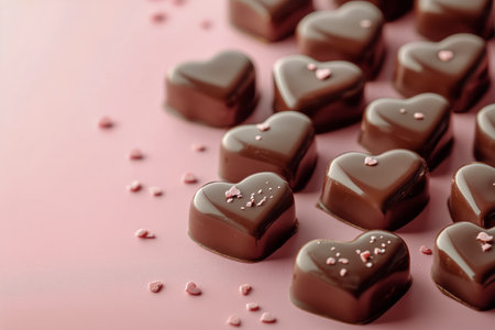 Heart-shaped chocolates are neatly arranged on a soft pink surface, decorated with small colorful sprinkles. These treats symbolize love and are perfect for special celebrations.の素材
