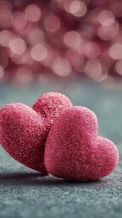 Two glittering pink hearts rest on a textured surface, surrounded by soft bokeh lights that enhance the romantic setting, perfect for celebrations of love and friendship.の素材