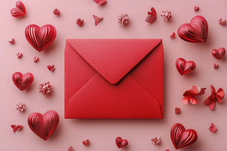 A red envelope is placed in the center, surrounded by scattered pink hearts. This setup emphasizes romance and is perfect for expressing love on special occasions.の素材