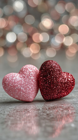 Two glittery hearts, one pink and one red, sit close together on a smooth surface, illuminated by a bokeh of soft, colorful lights, creating a romantic atmosphere.の素材