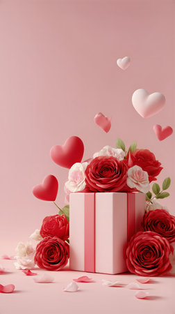 Roses in various colors surround a gift box, while floating hearts enhance the cheerful atmosphere. This vibrant setup is perfect for celebrations and special occasions.の素材