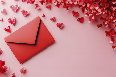 A vibrant red envelope is positioned against a soft pink background, surrounded by various heart-shaped decorations, perfect for expressing love on a special day.の素材