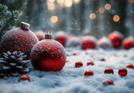 Bright red ornament featuring a snowflake design rests on a soft bed of snow. Soft lights twinkle in the background, enhancing the festive atmosphere of the winter holiday season.の素材
