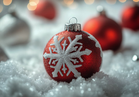Bright red ornament featuring a snowflake design rests on a soft bed of snow. Soft lights twinkle in the background, enhancing the festive atmosphere of the winter holiday season.の素材