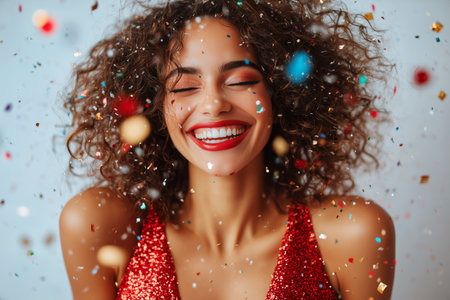 Smiling woman with curly hair dressed in a sparkling red outfit enjoys a festive atmosphere while colorful confetti falls around her. Her expression radiates happiness and excitement.の素材