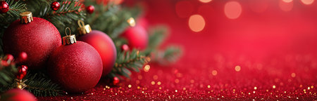 Shimmering red ornaments rest among evergreen branches, enhancing the joyful spirit of the holiday season with a vibrant backdrop of sparkling lights.の素材
