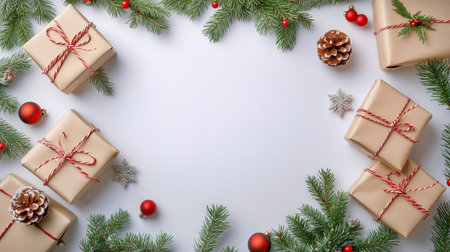 Colorful gift boxes are neatly arranged with festive decorations including pine branches, ornaments, and pine cones on a white surface. The atmosphere is cheerful and seasonal.の素材