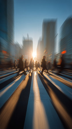 Silhouettes of pedestrians cross a city street during sunset. The sun sets behind tall buildings, creating warm light and long shadows on the pavement as the day ends.の素材