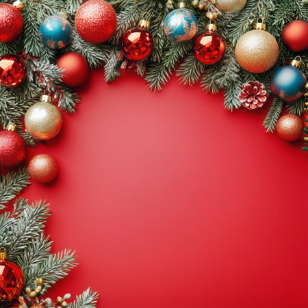 Colorful ornaments in shades of red, gold, and blue are arranged with pine branches on a vivid red background, creating a cheerful and festive atmosphere for holiday celebrations.の素材