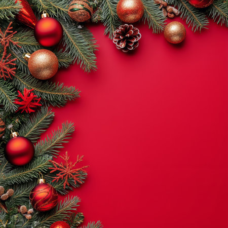 Colorful ornaments in shades of red, gold, and blue are arranged with pine branches on a vivid red background, creating a cheerful and festive atmosphere for holiday celebrations.の素材