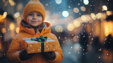 A young boy dressed in warm winter clothes stands in a beautifully decorated street, holding a gift. Twinkling lights and holiday decorations create a joyful atmosphere at night.の素材