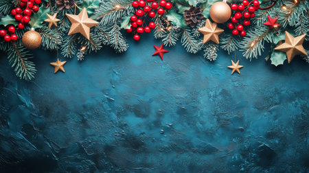 Holiday decorations featuring pine branches, gold and red ornaments, and berries arranged on a textured blue backdrop, creating a vibrant festive atmosphere for celebrations.の素材