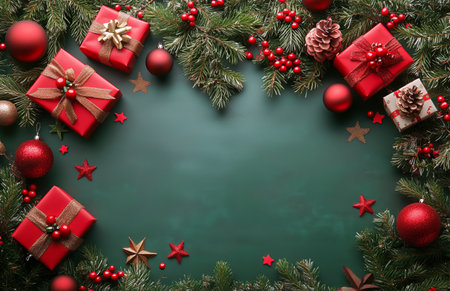 Red and gold wrapped gifts surround a dark green surface, decorated with pine branches, ornaments, and stars, creating a joyful holiday atmosphere perfect for celebration.の素材