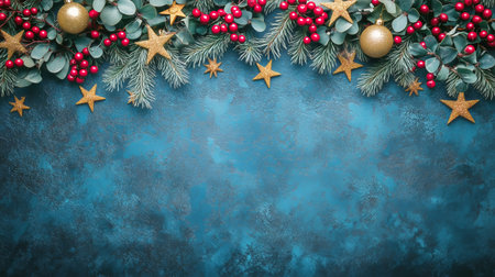 Holiday decorations featuring pine branches, gold and red ornaments, and berries arranged on a textured blue backdrop, creating a vibrant festive atmosphere for celebrations.の素材