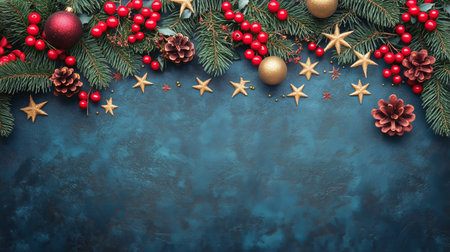 Decorations for the holiday season are arranged with pine branches, golden stars, red berries, and pine cones atop a blue background creating a festive atmosphere.の素材