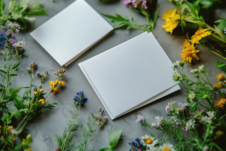 Two blank white cards rest on a gray surface, surrounded by an array of colorful wildflowers, creating a tranquil and artistic atmosphere in soft, natural light.の素材