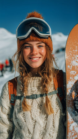 A young woman with braided hair and a warm sweater poses with a snowboard. Bright sunlight shines on snow-covered peaks in the background, creating a cheerful atmosphere.の素材