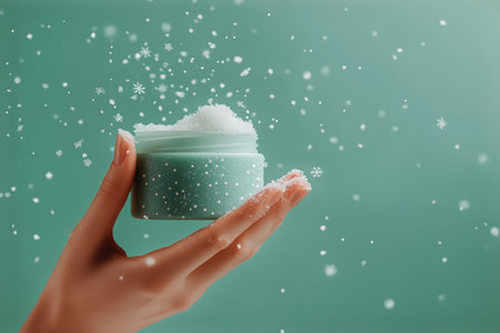 Soft hand holds a container of creamy snow-like product against a pastel green background, with light snowfall adding a whimsical touch to the serene ambiance.の素材