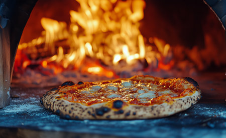A perfectly cooked pizza sits at the entrance of a wood-fired oven. The crust is golden brown, and the cheese is bubbling, with vibrant flames illuminating the setting.の素材