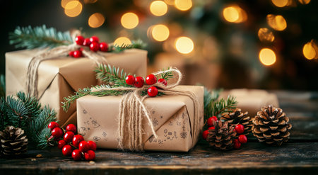 Beautifully wrapped gifts sit on a dark wooden table, adorned with red berries and pine branches, surrounded by warm holiday lights creating a cozy atmosphere.の素材