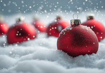 Red and silver Christmas ornaments covered in snow create a festive atmosphere, seamlessly blending with the winter landscape and warm twinkling lights.の素材