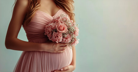 A woman in a soft pink gown cradles her pregnant belly while holding a delicate bouquet of flowers. The setting features a calming pastel background, enhancing the moments beauty.の素材