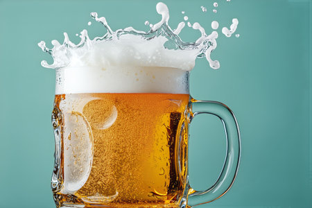 A clear glass mug filled with golden beer shows foam bursting at the top, creating splashes against a vibrant turquoise backdrop, evoking a lively and refreshing atmosphere.の素材