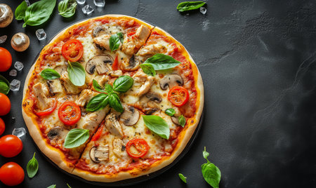 Freshly baked pizza is topped with grilled chicken, mushrooms, sliced tomatoes, and vibrant basil leaves. Served on a textured black surface with cherry tomatoes nearby.の素材