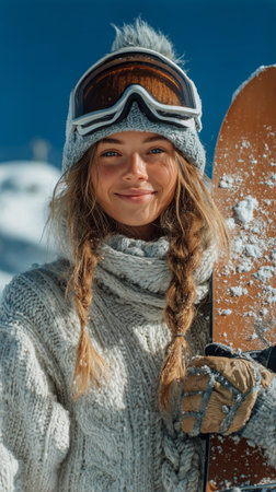 A young woman with braids poses with her snowboard at a snowy mountain resort under a clear blue sky, dressed warmly in a cozy sweater and ski gear, enjoying a winter day.の素材