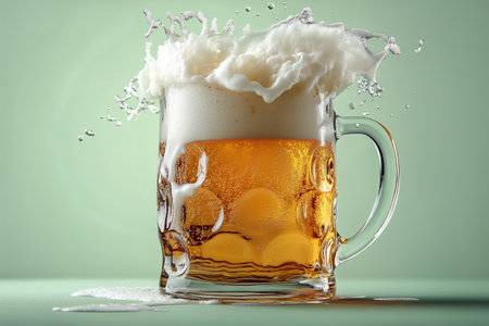 A clear glass mug filled with golden beer shows foam bursting at the top, creating splashes against a vibrant turquoise backdrop, evoking a lively and refreshing atmosphere.の素材