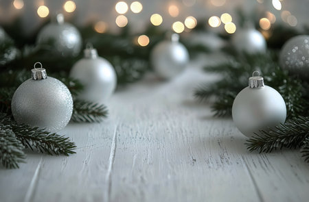 Silver ornaments are arranged with evergreen branches on a rustic wooden surface, creating a festive atmosphere with soft lights in the background for the holiday season.の素材
