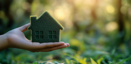 A hand holds a model of a house made of grass, symbolizing eco-friendly living. Sunlight filters through trees in the background, creating a serene atmosphere.の素材