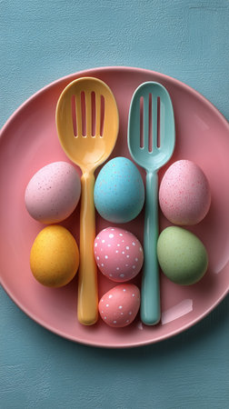 Colorful Easter eggs in various shades sit alongside wooden utensils on a decorative plate. The arrangement showcases vibrant hues against a textured background.の素材