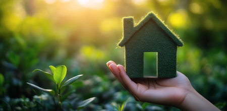 A hand cradles a model house covered in grass, representing sustainable living. The warm sunset light enhances the greenery surrounding the hand and house, evoking tranquility.の素材