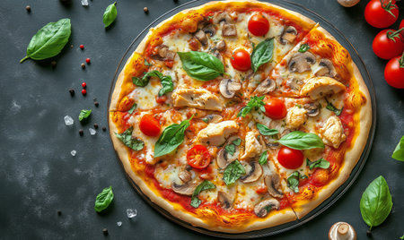 A delicious homemade pizza is presented with toppings of chicken, mushrooms, cherry tomatoes, and fresh basil, set against a dark background showing its vibrant colors.の素材
