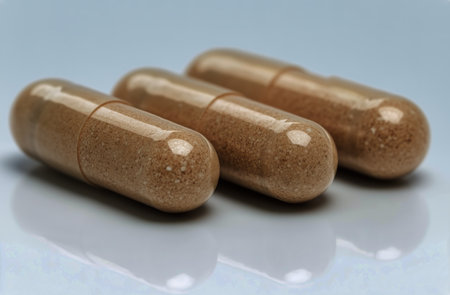 Three brown herbal capsules placed side by side on a smooth white surface, showing natural supplements for health and wellness, emphasizing their organic composition and possible uses.の素材