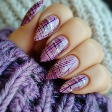 Purple glitter nails feature a stylish pattern of gold lines against a soft knitted backdrop. The design reflects creativity and attention to detail, perfect for fashion enthusiasts.の素材