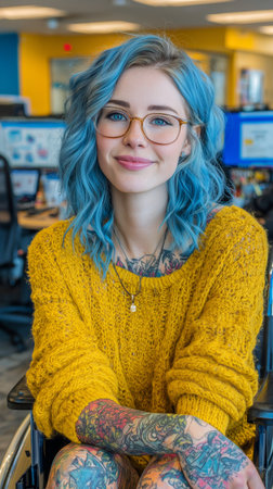 A woman with blue hair and colorful tattoos sits in a modern workspace, smiling warmly. The bright features environment computers and colorful decor, creating an inviting atmosphere.の素材