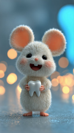 A small, fluffy mouse character smiles while holding a tiny tooth. The background features soft, glowing bokeh lights, creating a whimsical atmosphere during an enchanting moment.の素材