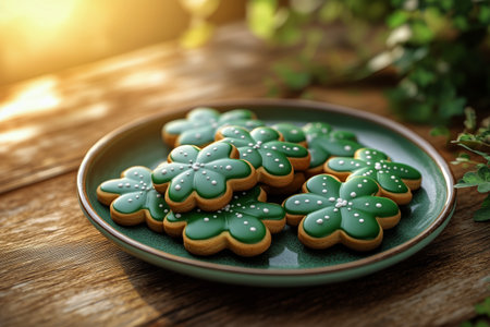 Placed on a rustic wooden table, cookies shaped like clovers are beautifully decorated in green icing. Soft light from window adds a cozy ambiance to the atmosphere.の素材