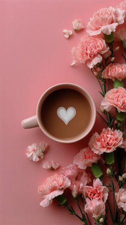 A pink cup filled with coffee displays a heart-shaped foam design, nestled among fresh pink flowers on a soft pastel background, creating a warm and inviting atmosphere.の素材