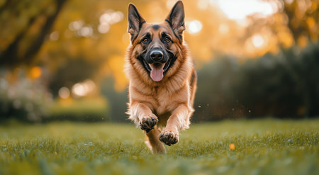 A playful dog races across a lush green lawn, its fur shining in the warm sunlight of a beautiful autumn day, displaying pure joy and energy while enjoying nature.の素材