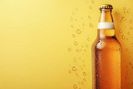 A cold bottle of beer stands upright, glistening with droplets of water on its surface against a vibrant yellow backdrop, evoking a sense of refreshment and relaxation.の素材