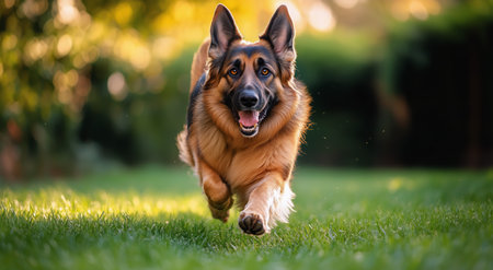 A joyful German Shepherd runs across green grass in a park as the golden hour sun casts a warm glow on its fur. The dog appears playful and full of energy in the serene environment.の素材