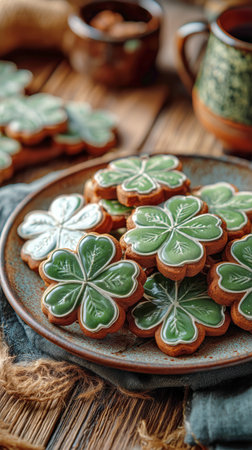 Freshly baked clover-shaped cookies with green icing are beautifully arranged on a rustic plate, accompanied by a warm drink. The cozy setting enhances the delightful treat.の素材