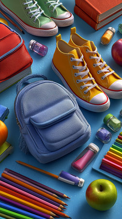 Colorful sneakers, a blue backpack, and various school supplies are organized neatly on a vibrant blue surface, perfect for preparing for the school year.の素材